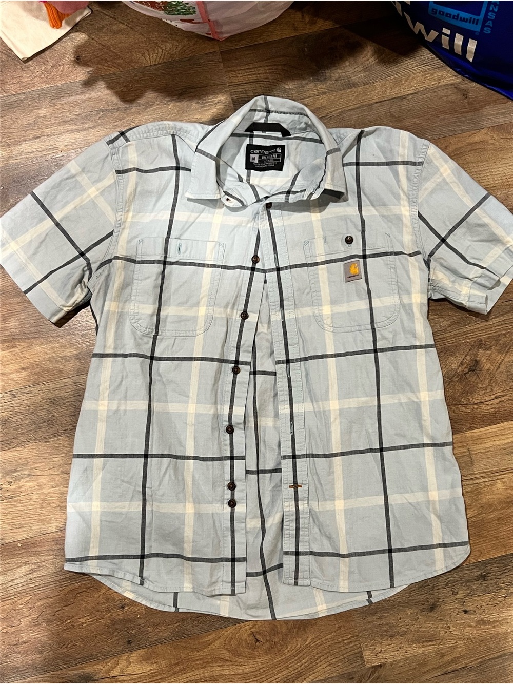 Carhartt Men's Light Gray and Black Plaid Short-Sleeve Button-Down Shirt